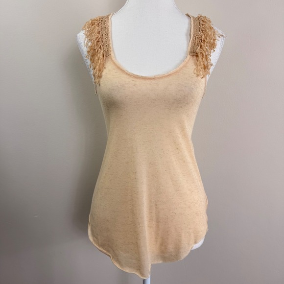 Free People Tops - VTG. Free People Cream Slub Knit Racerback Tank Top Fringe Crochet Trim XS